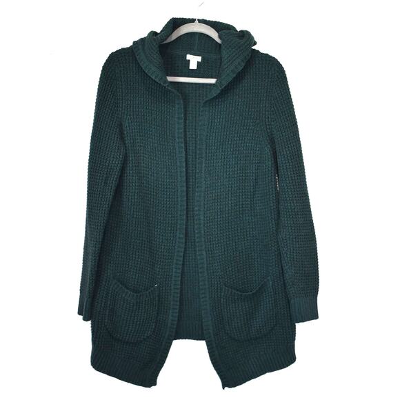 L.L. Bean Sweaters - L.L. Bean Sweater Green Large Merino Wool Cotton Open Front Hood Cardigan Knit